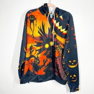 AtrendsZ Allover Print Halloween Black Long Sleeve Zip Up Hoodie Extra Large